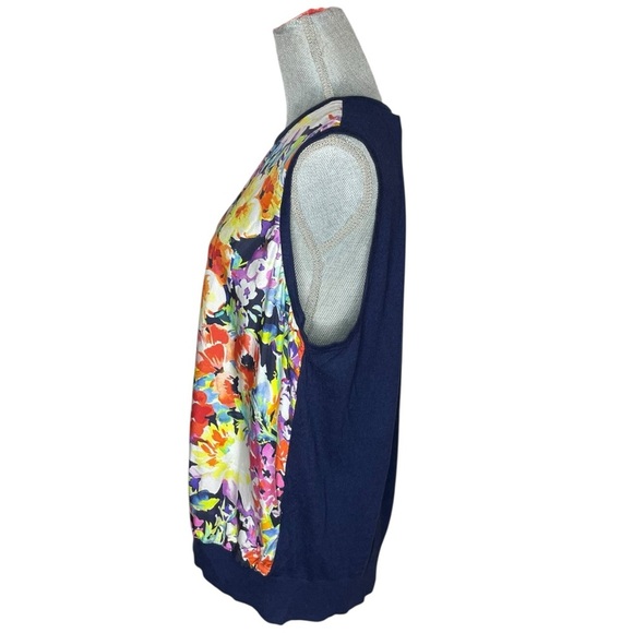 Lauren Ralph Lauren 2XSleeveless Floral Silk Front Knit Back Top Navy Multicolor - Picture 3 of 12